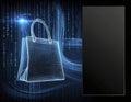Digital Shopping Experience with Wireframe Bag and Binary Code Background for Ecommerce Royalty Free Stock Photo