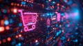 Digital shopping icons in neon light - generative ai Royalty Free Stock Photo