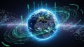 Digital Rendering of Planet Earth Surrounded by Glowing Green and Blue Data Streams and Network Connections Royalty Free Stock Photo