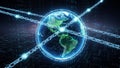 Digital of planet Earth encased in a glowing blockchain network with binary code background Royalty Free Stock Photo