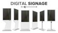 Digital Signage Touch Kiosk Set Vector. Display Monitor. Multimedia Stand. LCD High Defintion Digital Signage. For