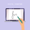 Digital signature concept. Online Contract on Screen. Flat vector illustration. Royalty Free Stock Photo