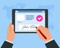 Digital signature concept with tablet and pen. Businessman Hands signing Digital signature on tablet.