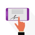 Digital signature on mobile phone. Man signing electronic document with finger on device.