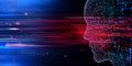 Digital silhouette with binary code and red motion streaks symbolizing artificial intelligence, machine learning, data analytics, Royalty Free Stock Photo