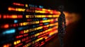 digital silhouette of person stands against backdrop of binary code, symbolizing intersection of technology and humanity. vibrant Royalty Free Stock Photo