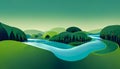 Digital simple abstract illustration of a beautiful green river forest landscape view