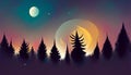 Digital simple abstract illustration of a beautiful sunset forest landscape view