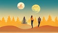 Digital simple abstract illustration of a couple walking in a park under the moon