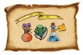 Digital sketch. Words `Play RPG`, bag full of dices for board, dnd, or tabletop games, green rock, bottle with magic p