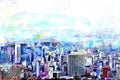 Digital Sketch and Drawing with color marker pen of Seoul cityscape, skyline, high rise office buildings and skyscrapers in Seoul