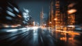 Digital Smart City Data Flow with Glowing Orange Binary Code Overlays on Motion Blurred Night Street Traffic, High-Speed Royalty Free Stock Photo