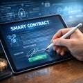 Digital Smart Contract Execution on Tablet with Blockchain Security for Decentralized Agreements Royalty Free Stock Photo