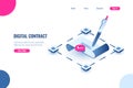 Digital smart contract, isometric icon concept of electronic signature, blockchain technology crypto, paper receipt of