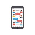 Digital smartphone displaying conversation between multiple users with chat bubbles