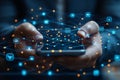 Digital smartphone held by businessman with glowing network icons, symbolizing connectivity and technology. image conveys sense of