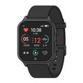 A digital smartwatch with a rectangular face and a black strap. The screen displays
