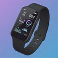 A digital smartwatch with a rectangular screen displays various fitness metrics