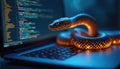 Digital snake emerges from laptop screen displaying complex programming code. Powerful tech illustration data engineering, Royalty Free Stock Photo