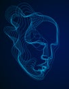 Digital soul of machine, Artificial Intelligence software visualization of human head made of dotted particles flowing wave lines