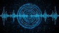 Digital sound wave visualization with futuristic circular equalizer and circuit board background Royalty Free Stock Photo