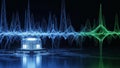 Digital Sound Waveforms Emanating from a Glowing Microchip on a Dark Surface audio Royalty Free Stock Photo