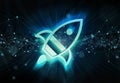 Digital spaceship holographic icon bursting into blue and green neon light 3D rendering