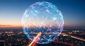 digital sphere composed of interconnected lines and glowing points hovers above a blurred cityscape Royalty Free Stock Photo