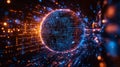 Digital sphere of glowing binary code surrounded by high-speed data streams and particles. AI Generated. Royalty Free Stock Photo