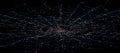 Digital spider web network with glowing nodes on black background. Big data concept. 3D rendering.