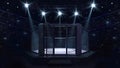 Cage fight arena with opened door. Interior view of fighting arena with fans and shining spotlights.