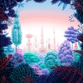 Digital square futuristic illustration of the forest with the powerful factory behind