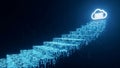 Digital binary code staircase leading upward toward a glowing cloud server icon symbolizing data migration success Royalty Free Stock Photo