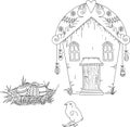 Digital stamp. Easter house with Easter eggs and chick. Uncolored hand drawn illustration Royalty Free Stock Photo