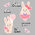 Digital stickers for girl birthday. Cute bunny ballerina, with balloon, butterfly and congratulations. Vector