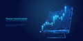 Digital stock market concept. Blue low poly candlesticks on monitor.