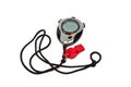 Digital stop watch and red whistle Royalty Free Stock Photo
