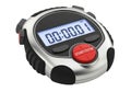 Digital stopwatch with large red start stop button and reset button, displaying zero time on a white background Royalty Free Stock Photo