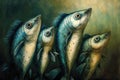 Digital surreal painting of cute comic fishes, mackerels with big eyes