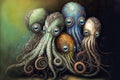 Digital surreal painting of cute octopuses with big eyes