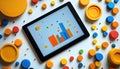 Digital tablet displaying business analytics data surrounded by colorful round objects Royalty Free Stock Photo