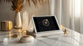 Digital tablet displaying celestial chart on white books with gold decor items and crystals Royalty Free Stock Photo
