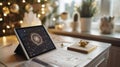 Digital tablet displaying celestial chart on white books with gold decor items and crystals Royalty Free Stock Photo