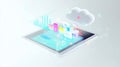 digital tablet displaying cloud dashboard with floating interface elements, charts, and folder icons, isolated on white background Royalty Free Stock Photo