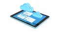 digital tablet displaying cloud file explorer with search bar and hierarchical folders, floating interface elements, isolated on Royalty Free Stock Photo