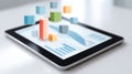 Digital tablet displaying colorful 3D data visualization with floating geometric shapes representing analytics and Royalty Free Stock Photo
