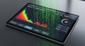 Digital tablet displaying data analytics and binary code stream, tech concept Royalty Free Stock Photo