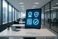 Digital tablet displaying quality assurance icons in a modern office environment representing certification and approval Royalty Free Stock Photo