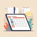 A digital tablet displaying a scheduling app with icons for communication, contacts, Royalty Free Stock Photo
