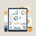 A digital tablet displaying various data visualizations, including bar charts, pie charts, Royalty Free Stock Photo